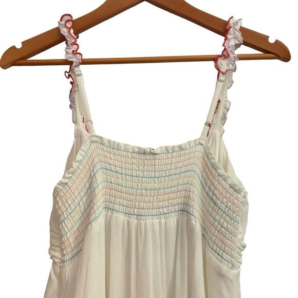 Storia Tahiti Twist Rainbow Trim Smocked Back Babydoll Mini Dress Small - Picture 9 of 12
